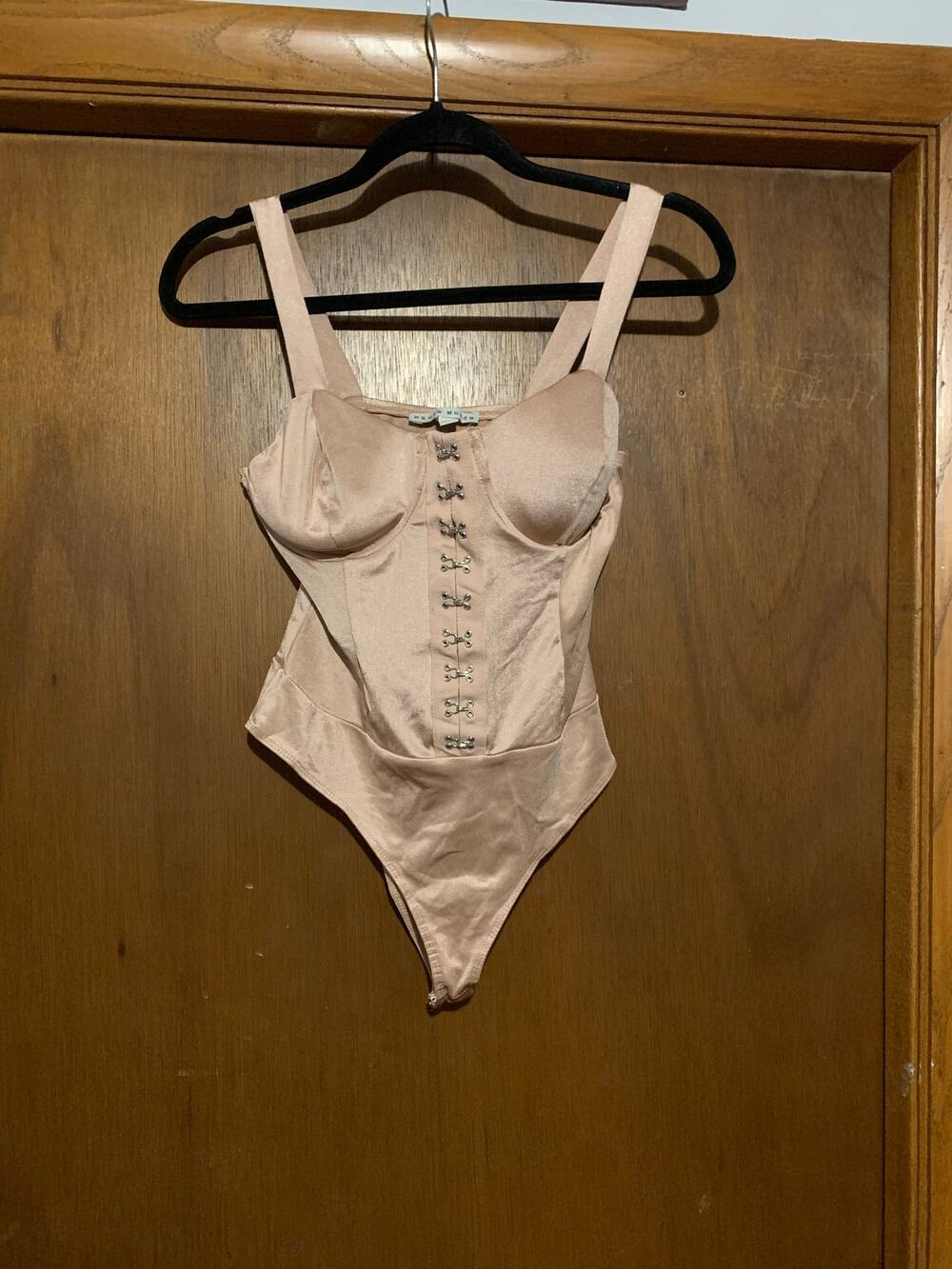 Haute Mode Satin Bustier Bodysuit Nude Lace Up Hook Eye Corset Y2K L